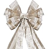 Christmas Tree Topper Bow Flower, Glitter Mesh Ribbon Patterns and Cute Flower Design, 50 X 12 Inch Christmas Decor Handmade Bow for Home, Wedding, Birthday Party, Holiday Decor (Champagne Gold)