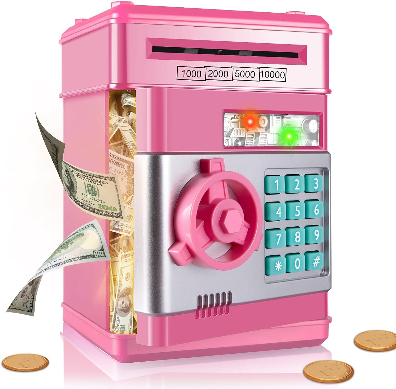 Yellcetoy Money Box for Kids Ages 3-12, Money Bank Piggy Bank for Boys Girls Electronic Password Cash Coin Can Auto Scroll Paper Money ATM Password Money Safe Kids Birthday Xmas Gifts Pink