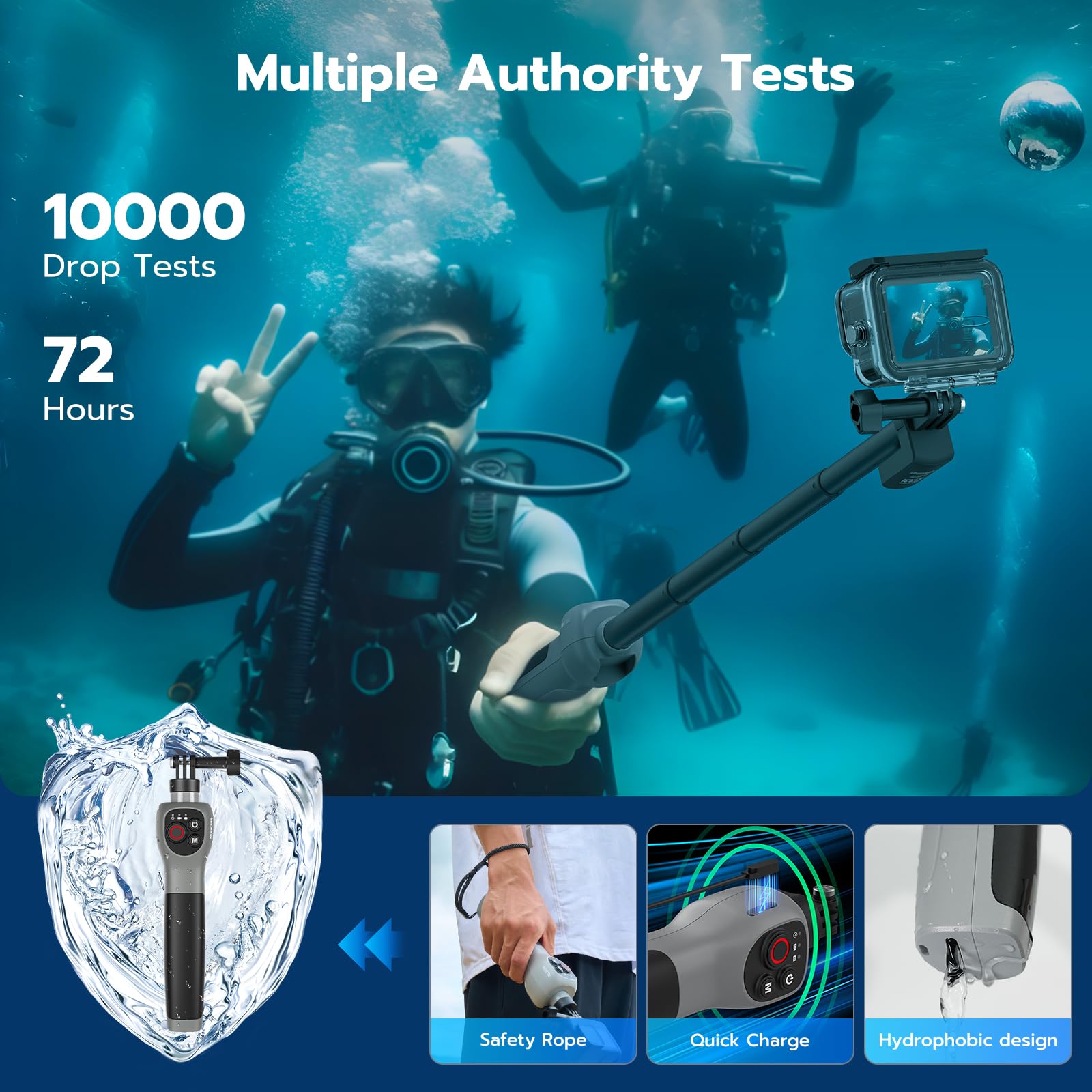 Underwater Bluetooth Selfie Stick for GoPro Hero 13 12 11 10 9 8, 33inch Waterproof Extendable Pole with Remote, 21 Hours Shooting for Diving Surfing Snorkeling, Perfect for Stunning Underwater Shots