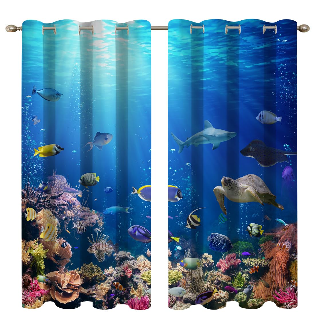 goodbath Blackout Curtains for Bedroom, Underwater Ocean Sea Life Animal Tropical Fish Eyelet Curtains for Kids Living Room Nursery, 2 Panels, 46" x 54"(117x138cm) Drop,Bright Blue