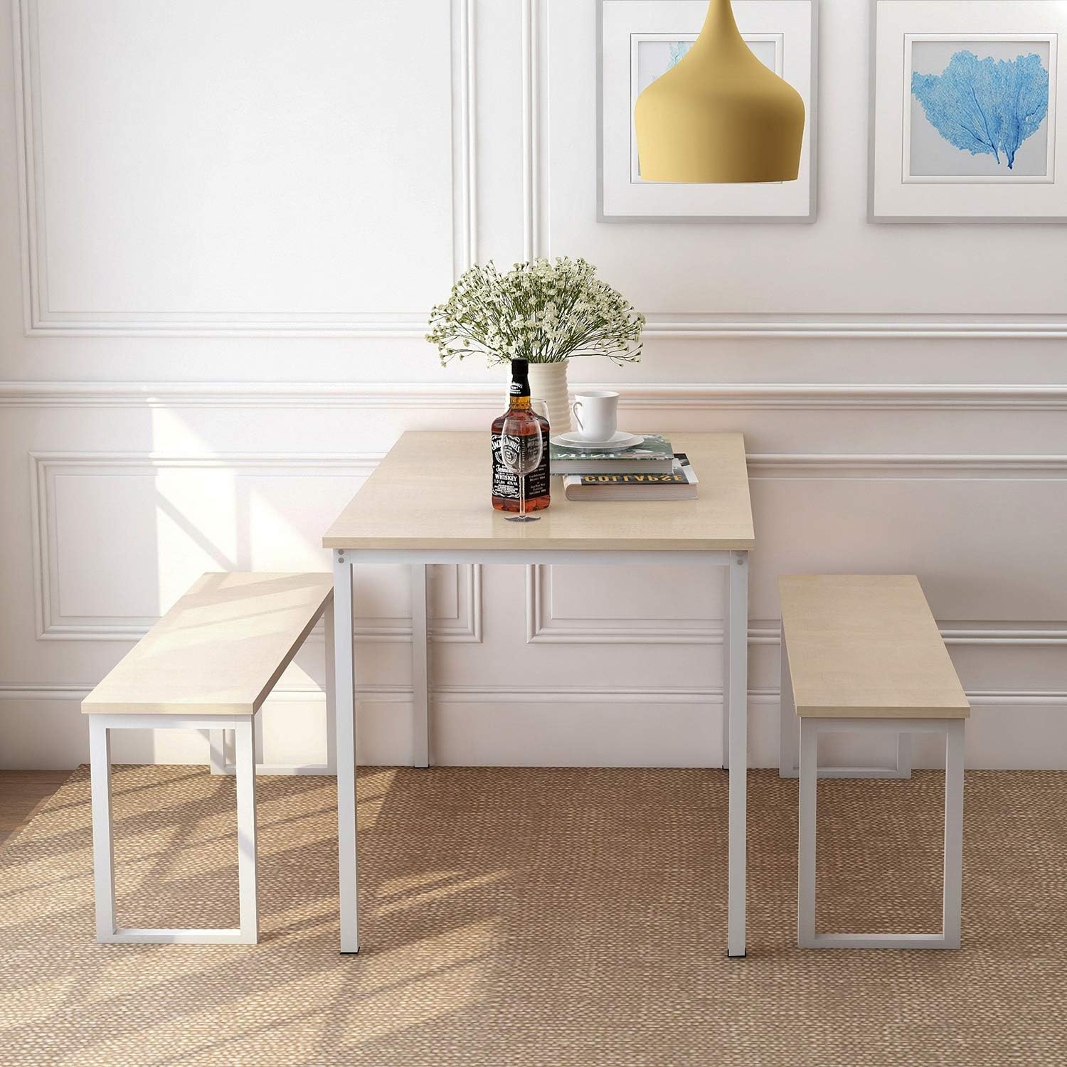 Dining Room Table Set, 3 Pieces Farmhouse Kitchen Table Set with Two Benches, Metal Frame and MDF Board, Modern Furniture for Home, Cafeteria, Apartment and Farm House (Beige)