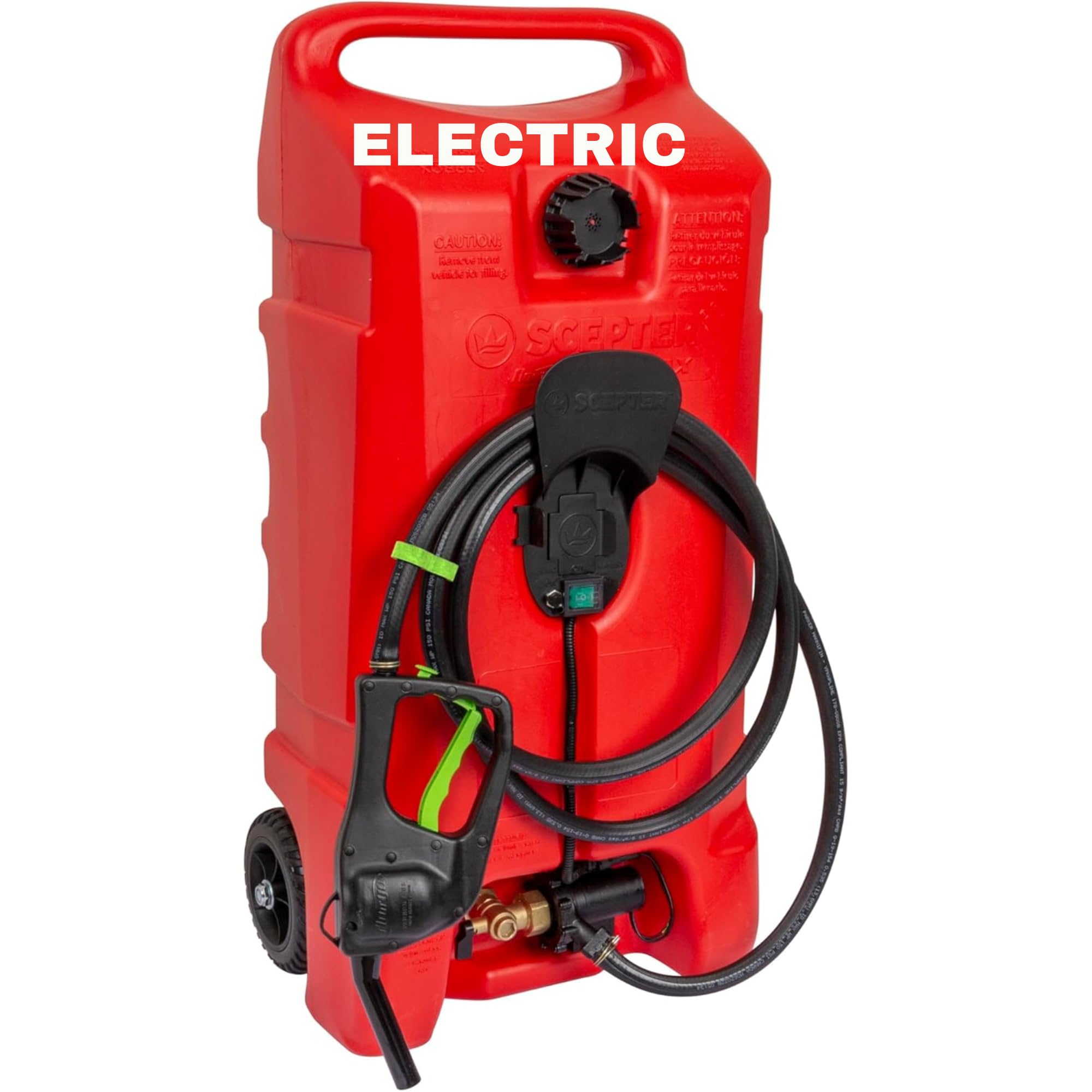 Photo 1 of Scepter 14 Gallon Gas Caddy with Electric Fuel Pump, Flo ‘N Go Powered Portable Fuel Tank with Fill-Rite Transfer Pump and 10-Foot Hose for Farm, Marine, Commercial, and Home Use, Gasoline, Red