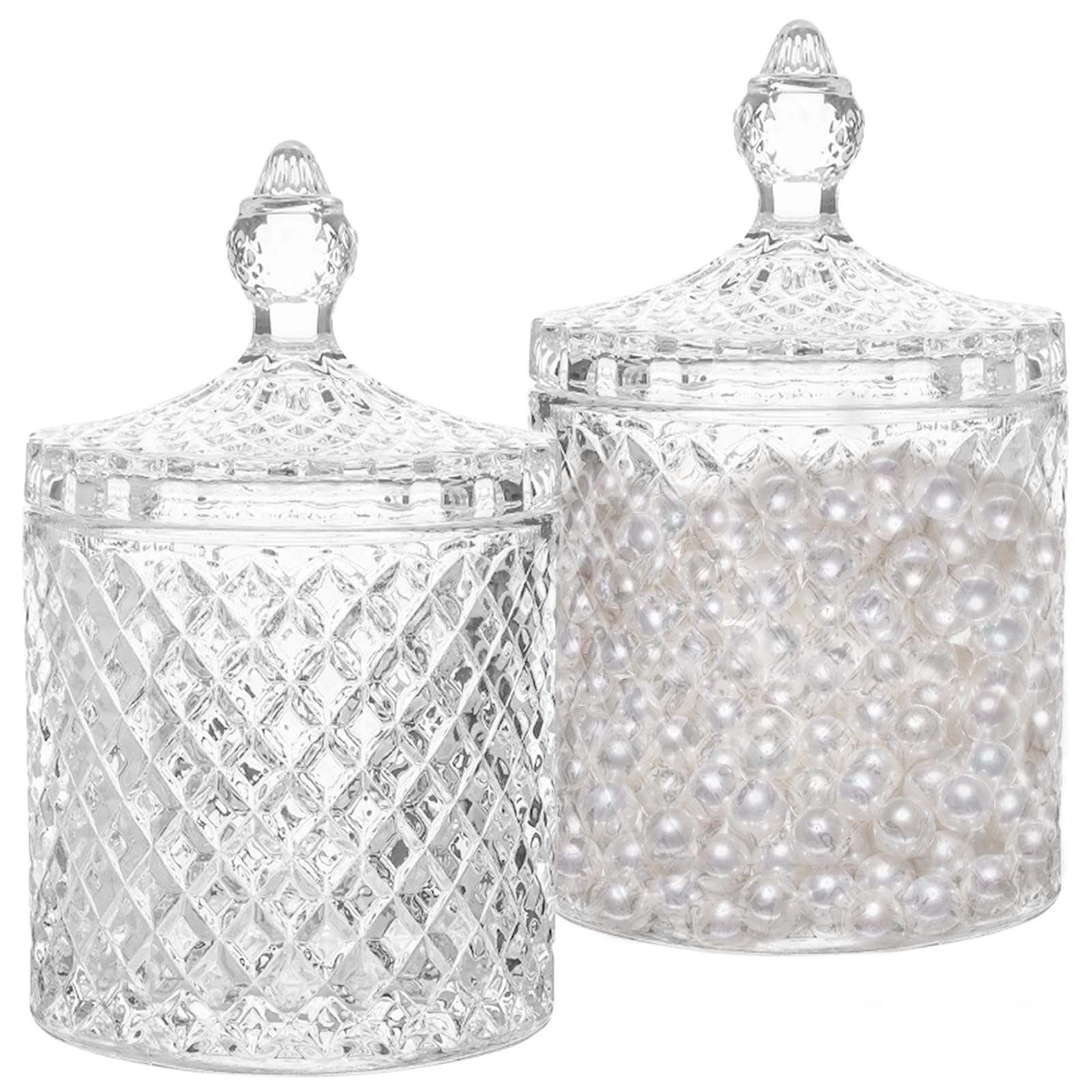 TULEBOLIAN 2-Pack Crystal Glass Storage Jars - Diamond Faceted Design with Crystal Lids, Clear Glass Canisters for Sugar, Snacks, or Decor, for Kitchen, Living Room, Bedroom, or Bathroom,3.27x5.5 In