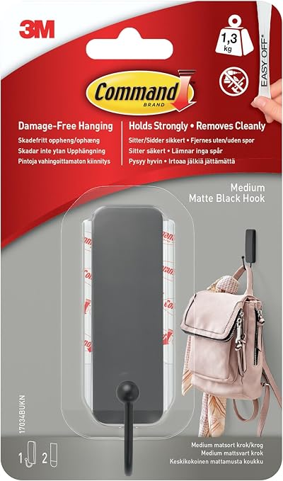 Command Decorative Hook Matte Black Indoor with 2 Strips, 1 Hook