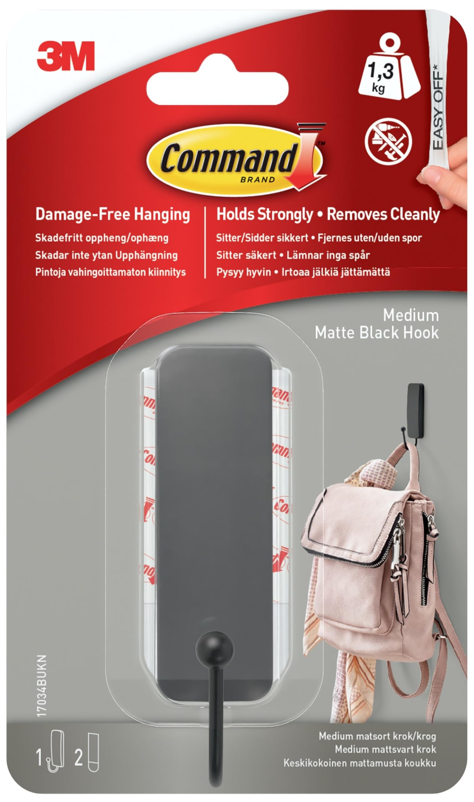 Command Decorative Hook, Matte Black, Indoor use - 1 Metal Medium Hooks and 2 Adhesive Strips - Hang Jackets, Purses, Handbags, Backpacks, Hats, Scarves, Dog Leads - Organise Damage Free