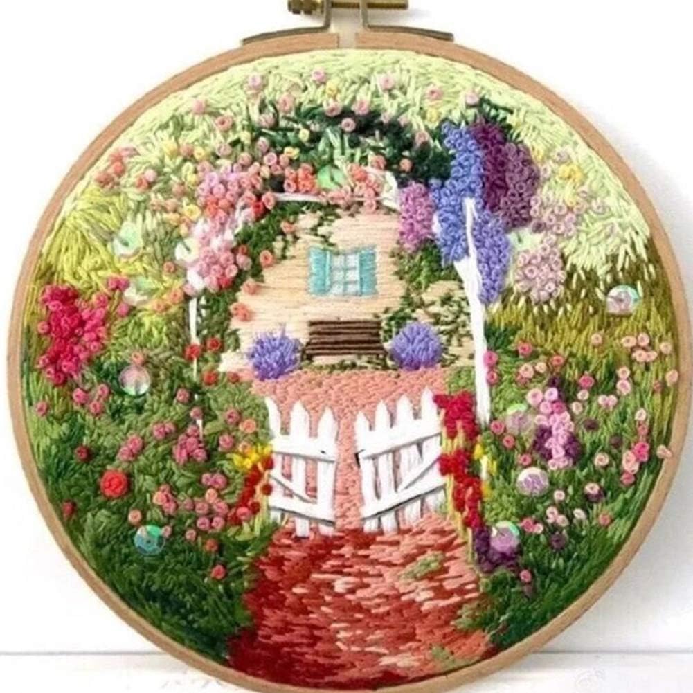 Jlong Embroidery Kit, Full Range of Embroidery Starter Kits with Floral Pattern and Instructions, 20cm Bamboo Embroidery Hoop for Adult Beginner