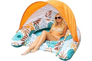 Pool Floats with Canopy for Adults,Blow Up Water Lounge Chair | Relaxing Pool Floats with Cup Holder | for Summer Beach Vacat