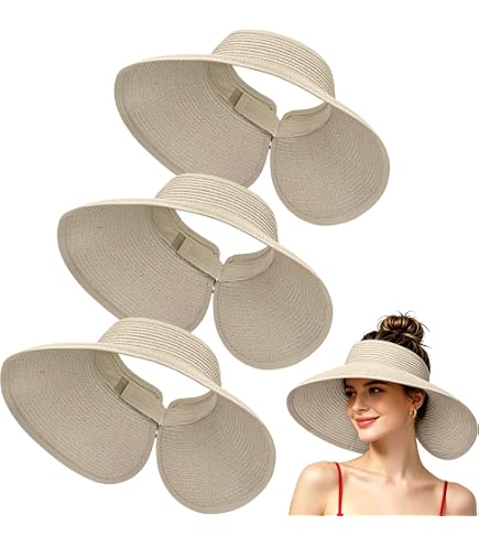 6 Pack Foldable Straw Sun Hats Wide Brim Ponytail Visors Adjustable Summer Women main image 4