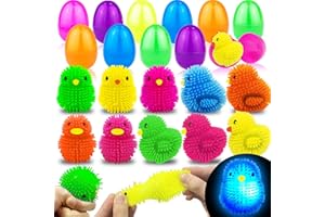 AMENON 12 Pack Prefilled Easter Eggs with Chick Duck LED Puffer Balls,Light Up Stress Relief Fidget Toys Squeeze Sensory Ball for Kids Boys Girls Easter Basket Stuffers Easter Egg Hunt Party Favor Gift