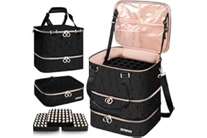 SIYNPAV Nail Polish Organizer Bag Holds 126 Bottles (15ml/0.5fl.oz)& Nail Lamp, 3 Layers Detachable Nail Kit Storage Case PU Leather, Large Travel Nail Supplies Shoulder Bag for Manicure Tools (Black)