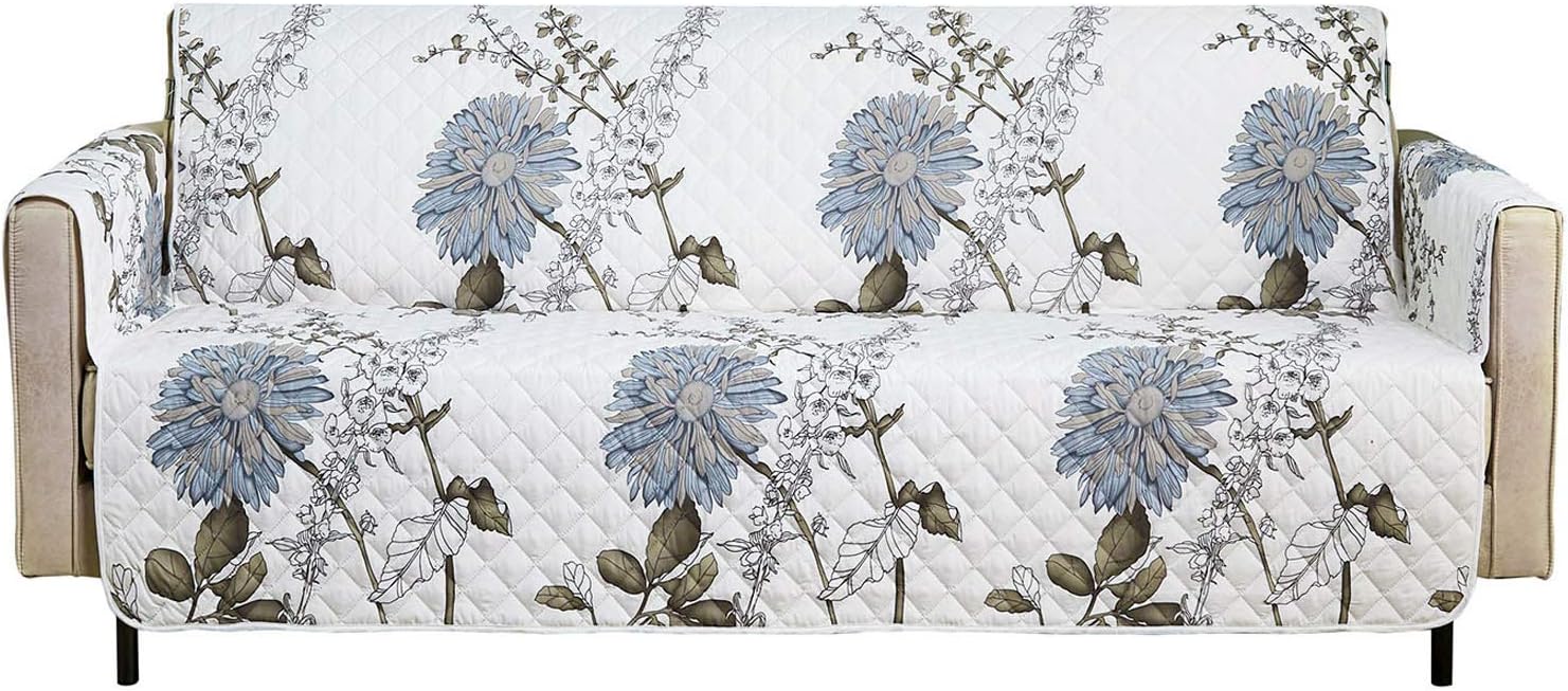 Wake In Cloud - Sofa Cover 100% Waterproof Non-Slip, Pets Dogs Cats Kids Furniture Protector 3 Cushion Couch Slip Cover, Elastic Strap, Botanical Floral Pattern on Ivory (70" Sofa)