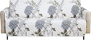 Wake In Cloud - Sofa Cover 100% Waterproof Non-Slip, Pets Dogs Cats Kids Furniture Protector 3 Cushion Couch Slip Cover, Elastic Strap, Botanical Floral Pattern on Ivory (70" Sofa)