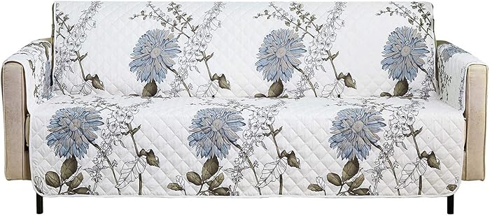 Wake In Cloud - Sofa Cover 100% Waterproof Non-Slip, Pets Dogs Cats Kids Furniture Protector 3 Cushion Couch Slip Cover, Elastic Strap, Botanical Floral Pattern on Ivory (70" Sofa)