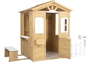 Dithoko Wooden Playhouse for Kids Outdoor, Country Style Playhouse with Working Door, Windows, Mailbox, Flowers Pot Holder, Service Stations, Natural, 80" L x 38" W x 55.5" H