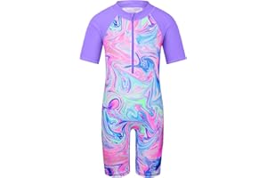 TFJH E Short Sleeve Girls Swimsuits UV 50+ One Pieces Bathing Suits Zipper 2-14Y