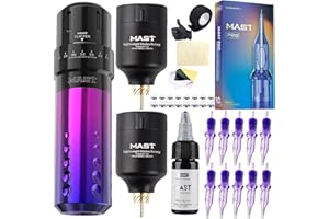 MAST TATTOO Mast Flip Complete Tattoo Kit -Wireless Cartridges Tattoo Machine with 7 Adjustable Strokes 2.6-4.0mm 2 Batteries Power Supply 20 Pro Needles Ideal for Lining Shading Coloring Professional Starter Set