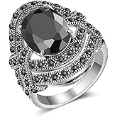 Mytys Black Onyx Stone Rings for Women Marcasite Vintage Cocktail Statement Rings Silver Chunky Crystal Antique Retro for victorians Jewelry Gift