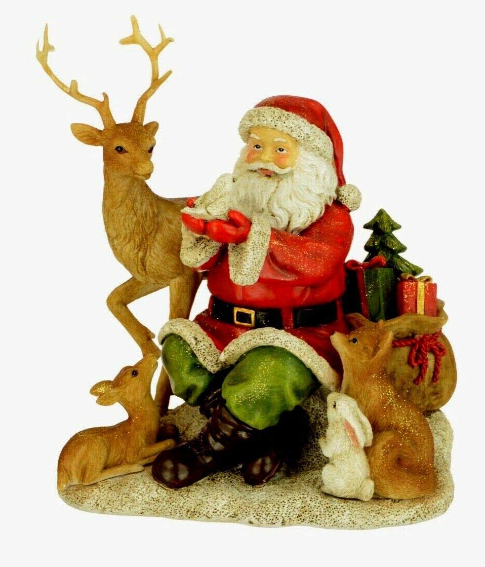 Floral Silk Large Santa with Stag Fawn Fox Rabbit Robin Woodland Animals Figurine Ornament 18cm Tall