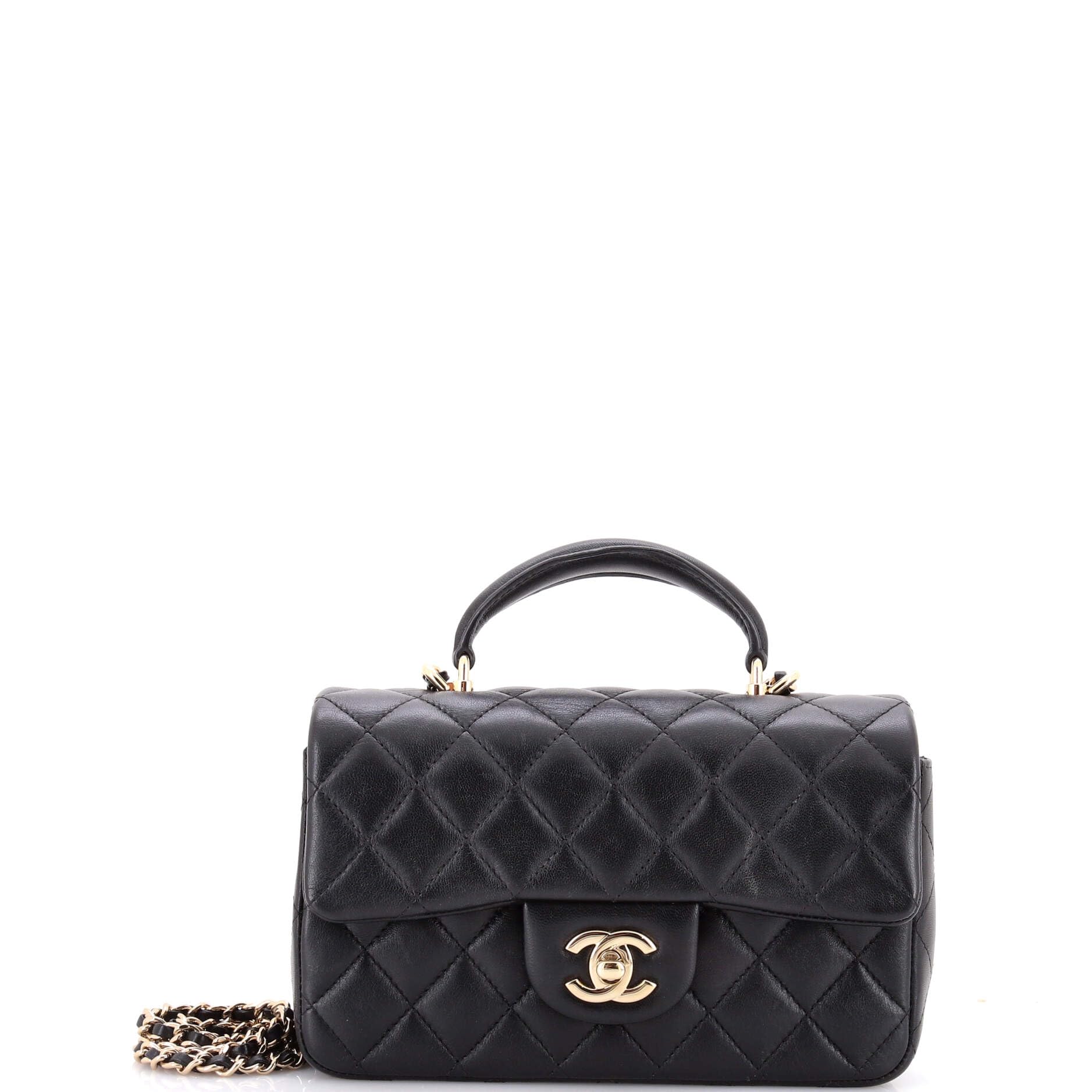 CHANEL Pre-Loved Classic Single Flap Top Handle Bag Quilted Lambskin Mini, Black