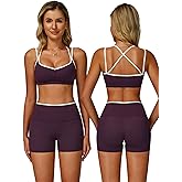 ABOCIW Workout Sets for Women 2 Piece Color Block Strappy Sports Bra High Waist Shorts Gym Yoga Pilates Outfits
