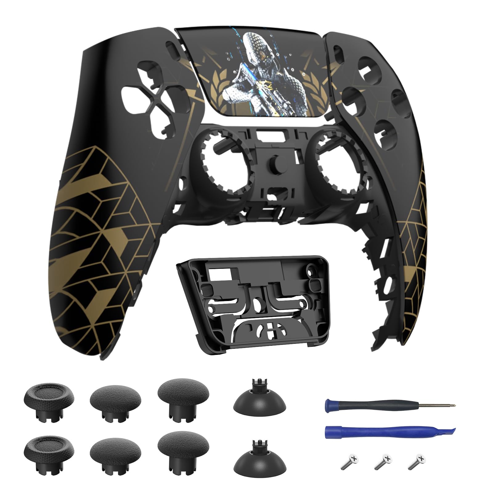 CHARM FOCUS Custom Front Shell for PS5 Controller BDM 010/020/030/040/050, Plug-and-Play Swappable Thumbsticks, Faceplate Cover with Touchpad, Analog Joystick Replacement Kit, Shadow Squad