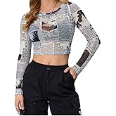 WDIRARA Women's Newspaper Print Crop Top Letter Graphic Long Sleeve Round Neck Slim Fit Knitted Shirt