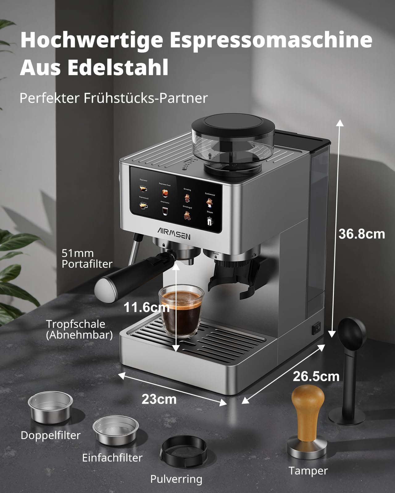 AIRMSEN 20 Bar Siebträgermaschine mit Kegelmahlwerk & Milchschäumer, 1.8L Wassertank, Edelstahl Espressomaschine Kaffeemaschine für Americano, Cappuccino und Latte 6