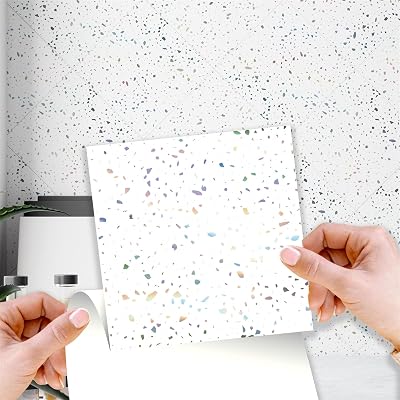 WALPLUS 15cm Terrazzo Holographic Silver Tile Stickers, 24pcs WT1604