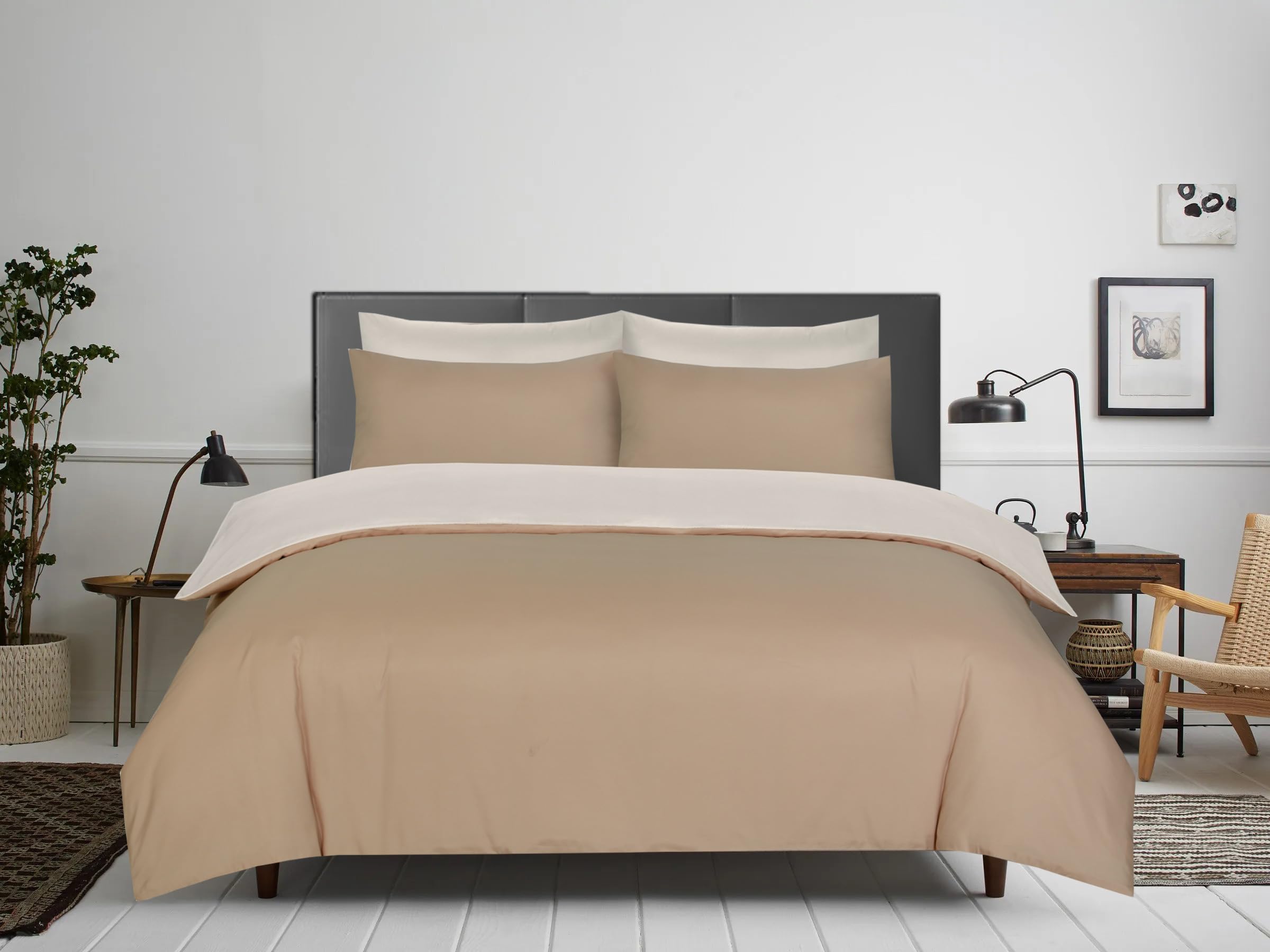 APEX FURNISHINGS Double Duvet Cover Sets - 100% Brushed Microfiber Bedding Quilt Cover with Pillowcases - Mink/Cream