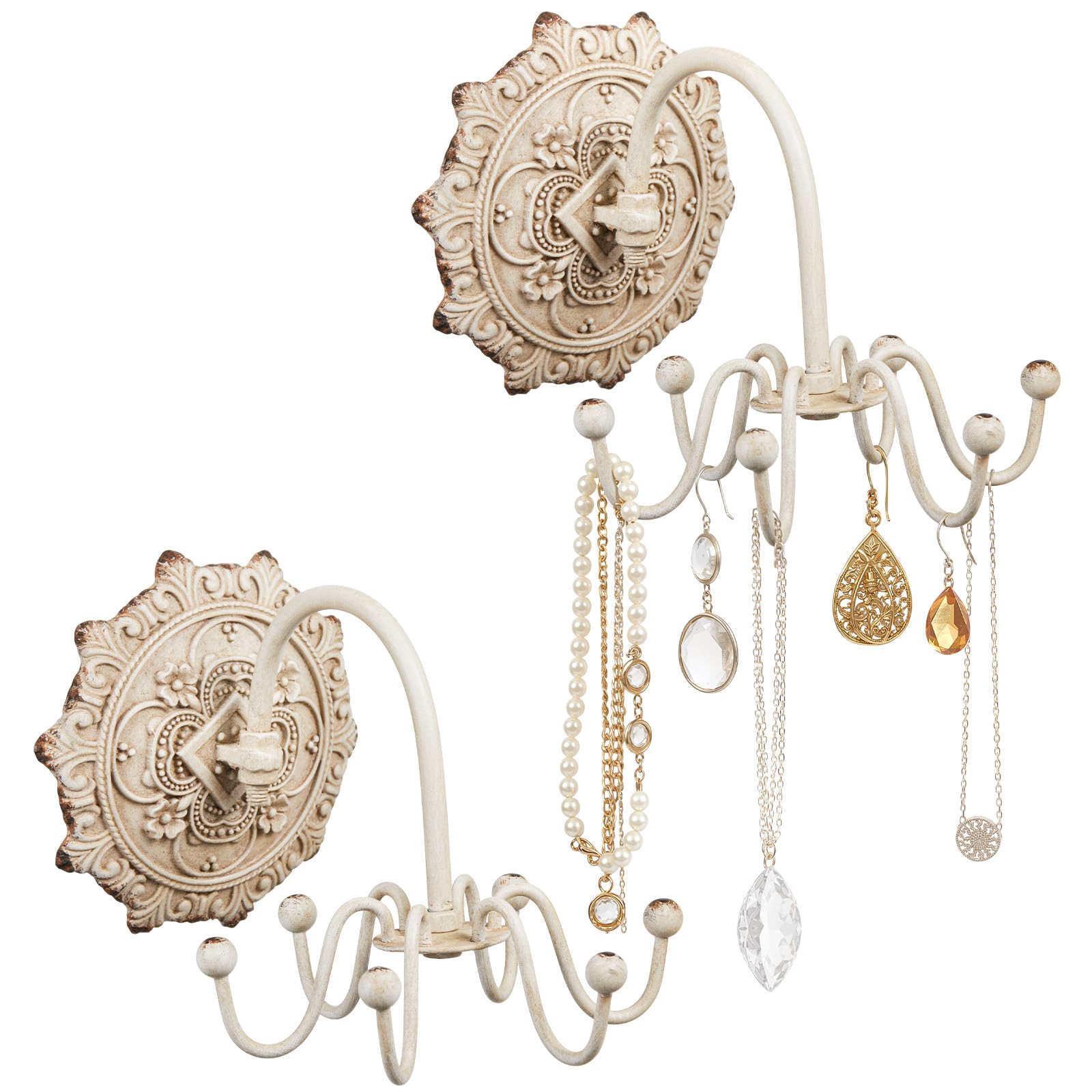 View 1 of ***MISSING ONE*** Tondiamo 2 Pcs Wall Mounted Jewelry Organizer Shabby Wall Decor Vintage Jewelry Organizer 6 Rotatable Hooks Include Screws for Women Necklace Bracelet Earring Hat Gift