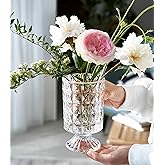 BLOFLO Embossed Glass Vase, 7'' Crystal Glass Vases for Flowers, Pedestal Big Base Glass Bouquet Vase, Hydroponic Glass Transparent Vase for Home Office Wedding Dining Table Party