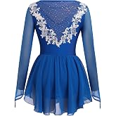 AFAVOM Women Figure Ice Skating Dress Long Sleeve Mesh Sequin Flower Ballet Dance Leotard Lyrical Costume for Competition