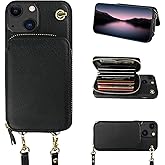 Bocasal Crossbody Wallet Case for iPhone 14 iPhone 13, RFID Blocking Leather Purse Case with Card Holder, Protective Handbag Flip Cover with Zipper Wrist Strap Lanyard for Women 5G 6.1 Inch (Black)