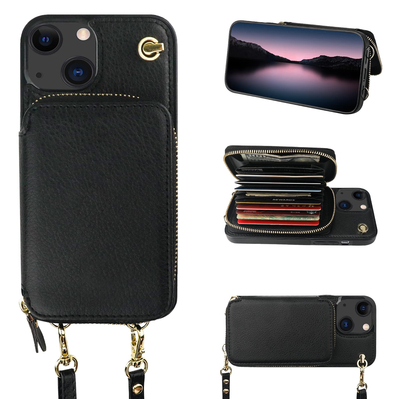 Photo 1 of Bocasal Crossbody Wallet Case for iPhone 14 iPhone 13, RFID Blocking Leather Purse Case with Card Holder, Protective Handbag Flip Cover with Zipper Wrist Strap Lanyard for Women 5G 6.1 Inch (Black)