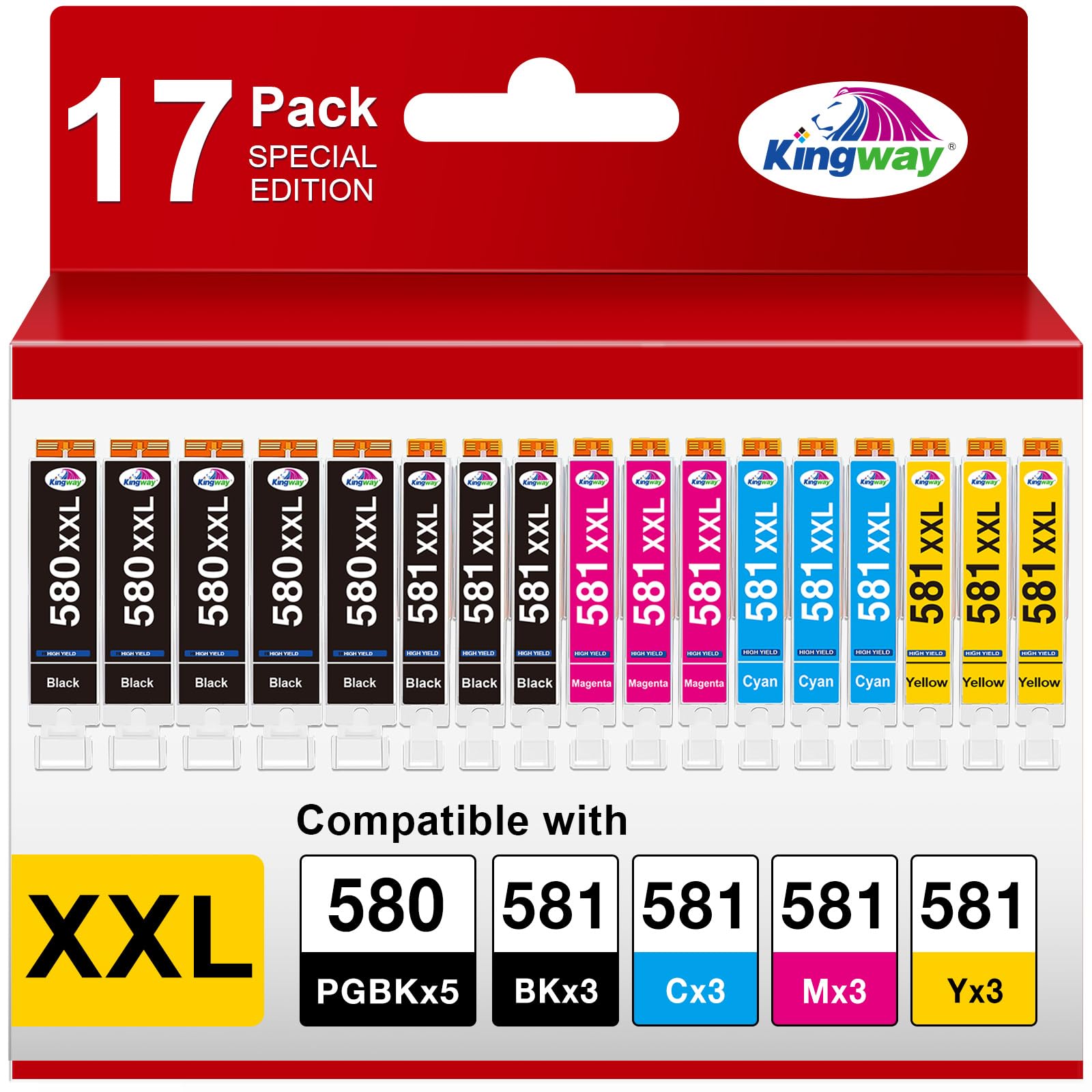 KINGWAY 580XXL 581XXL Ink Cartridges 17-Pack, Replacement for Canon 580 & 581 Ink Cartridges, Compatible with Pixma TS705 TR8550 TR7550 TS8350 TS8351 TS6350 TS6250 TS6251 TS6150 TS6151 TS8352 TS9550