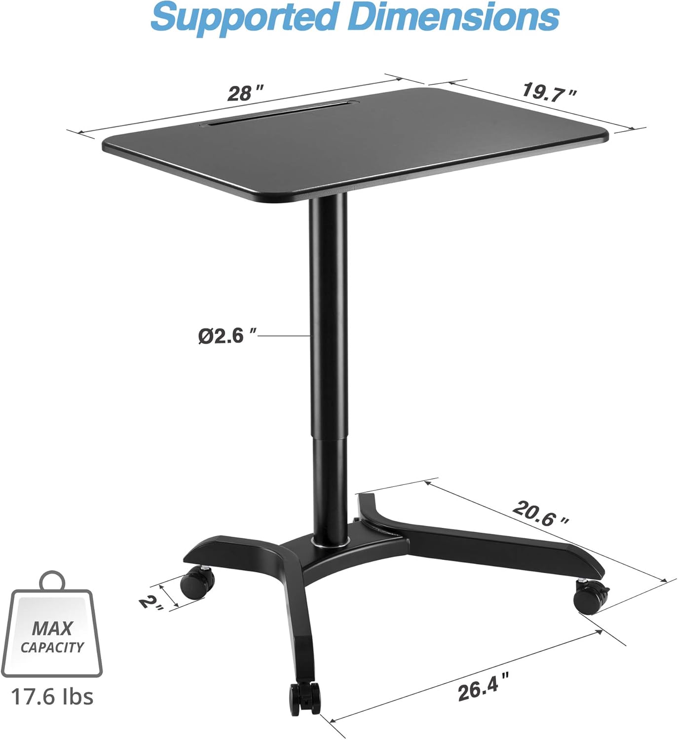 AVLT 44" Pneumatic Laptop Standing Desk Cart (3 ft 8 in) - Mobile Rolling Desk - Computer Cart - Rolling Height Adjustable Folding Desk - Mobile Black Cart with Brake Casters: Office Products