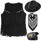 Suhine 4 Pcs Cowgirl Western Outfits for Women Sleeveless Tassel Vest Cowboy Hat Leather Buckle Belt Paisley Bandana