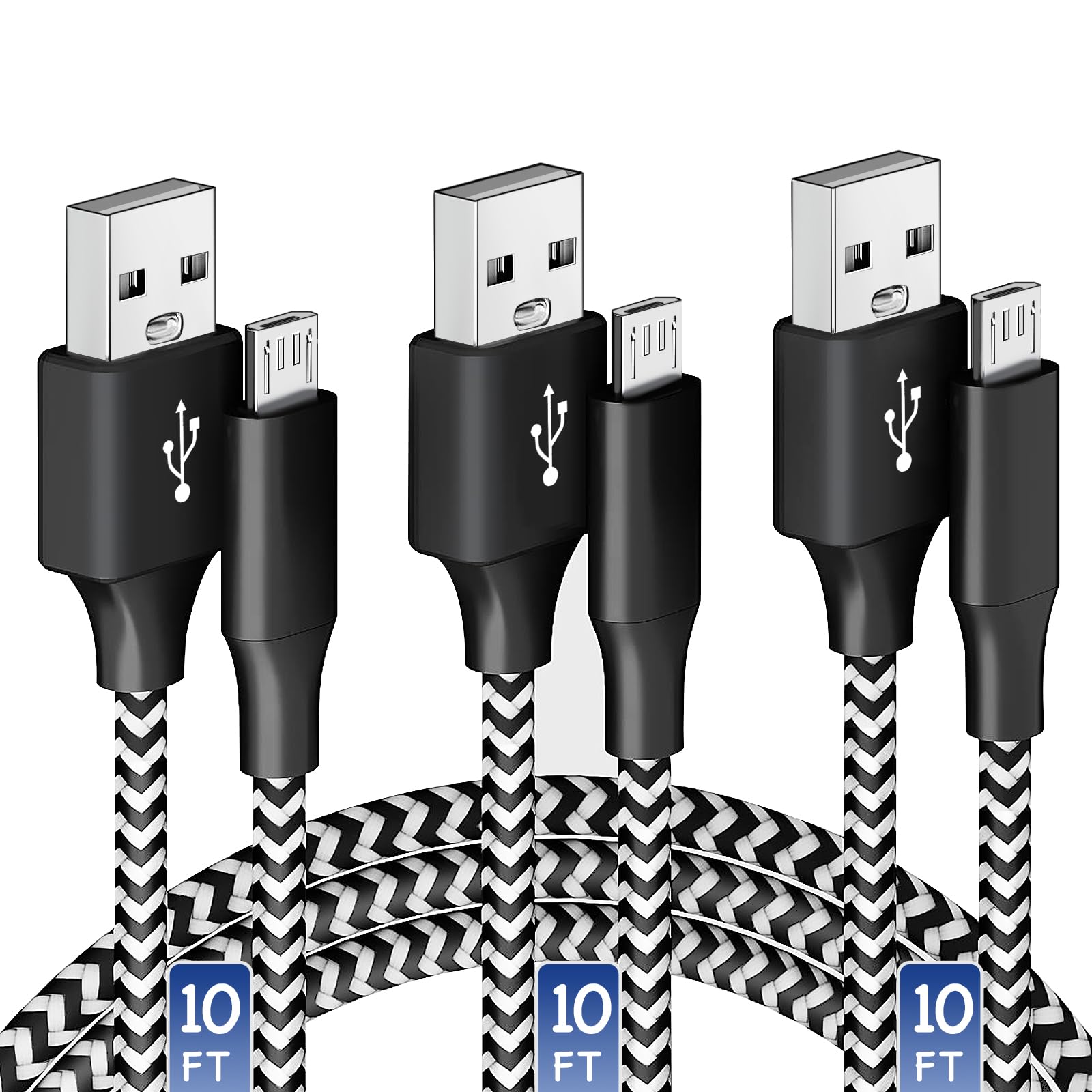 Photo 1 of Micro USB Charging Cable 10/10/10FT, 3 Pack Nylon Braided Charger Cables for Samsung, Nexus, LG, Smartphones, Tablets, Kindle, Game Consoles, Cameras, Hard Drives, and More, Black&White