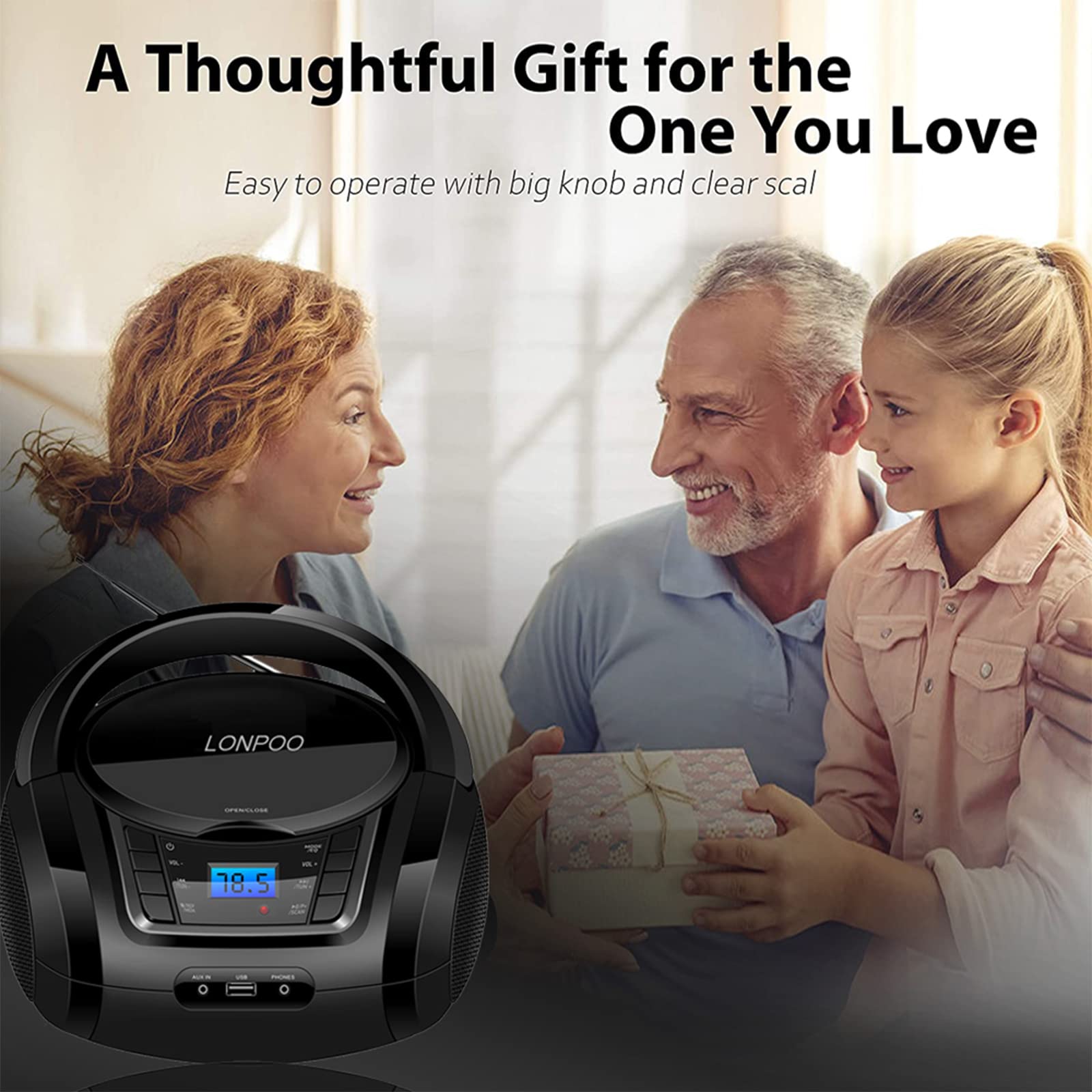 CD Player Portable Boombox with FM Radio/USB/Bluetooth/AUX Input and Earphone Jack Output, Stereo Sound Speaker & Audio Player,Black