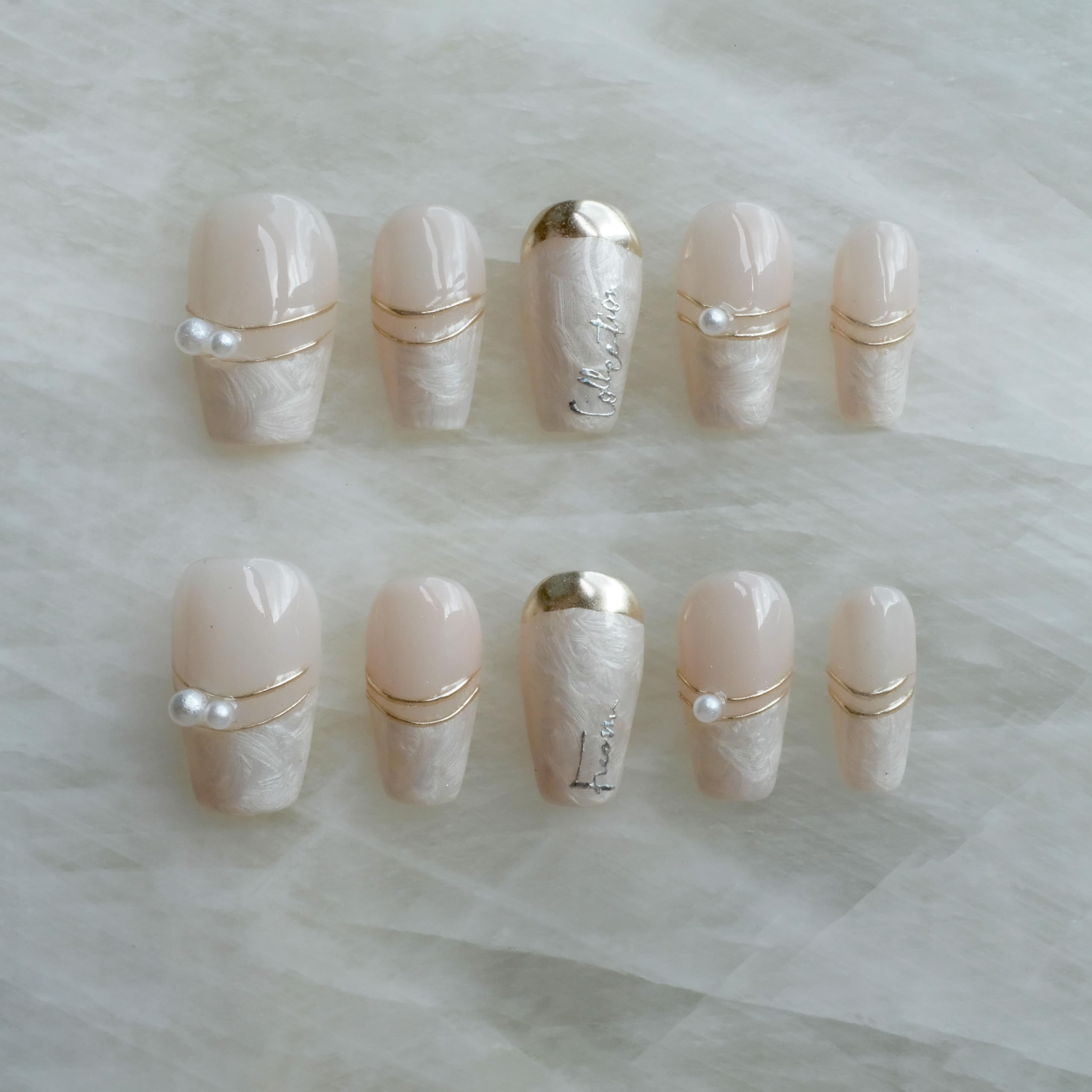 Photo 1 of [GLORS] Purly Handmade Medium Ballerina Press on Nails | Luxurious Gold Pearl Fake False Nails, 10 Pieces (Small, MB)