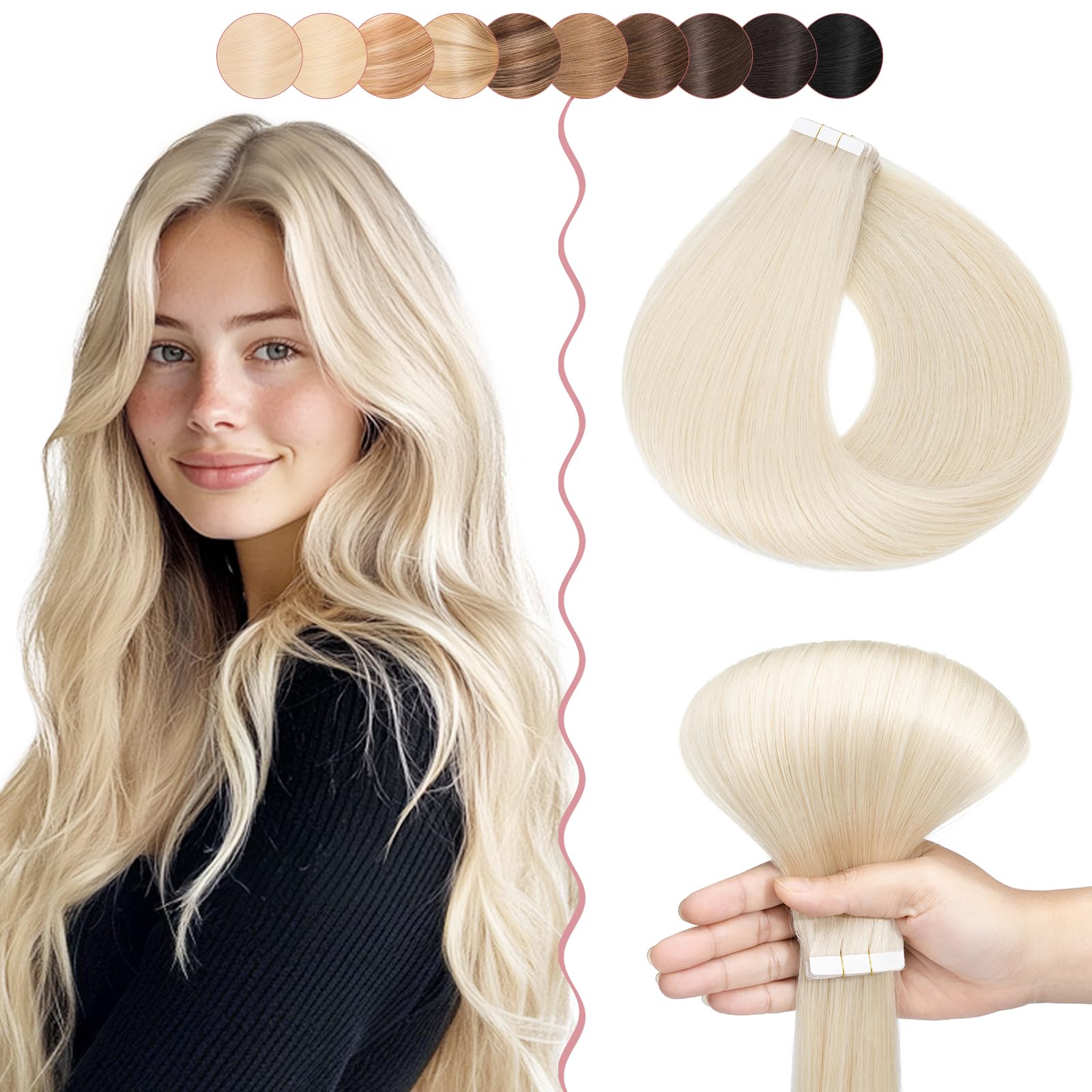 12 Inch SEGO 10 PCS Tape Hair Extensions Real Human Hair Thin Type [#70 Bleach White] Seamless Skin Weft Remy Hair Extension (10g) — image 1