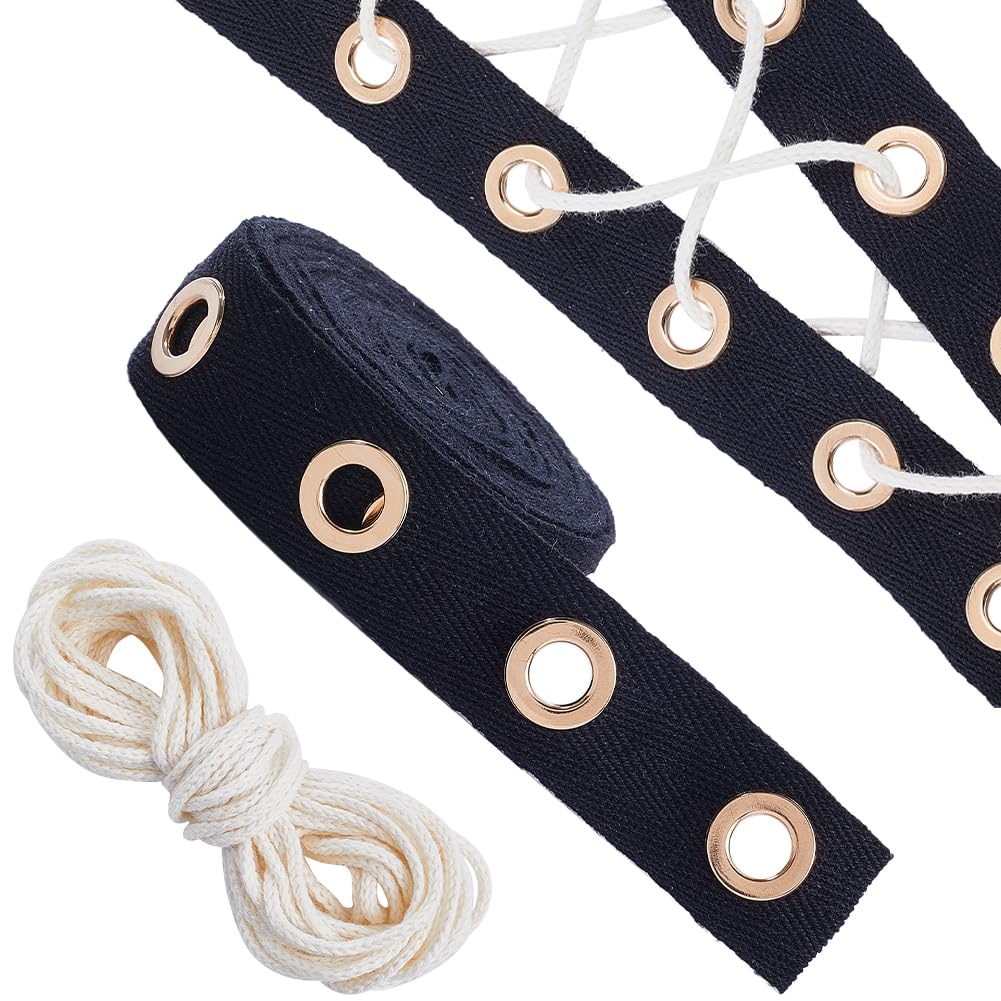 GORGECRAFT 4 Yard Black Grommet Eyelet Tape Eyelet Trim 1"/25mm Wide Cotton Twill Tapes Strip with Golden Metal 0.3"/8mm Hole Ring for Sewing Corset Clothing Includes 10M White Cotton String Threads