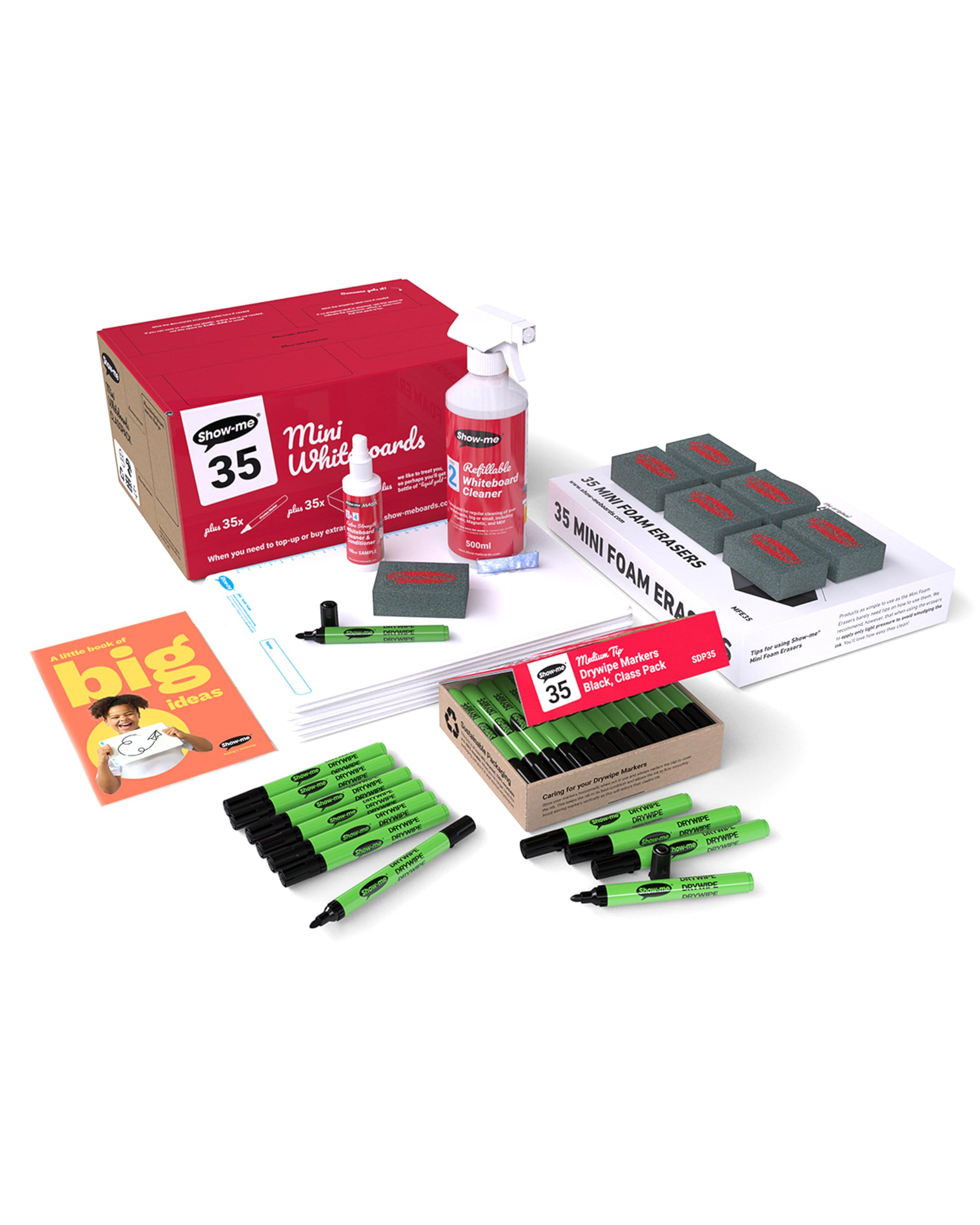 Show-me - Mini Whiteboards A4 Bulk Box | 35 Small Portable Whiteboards with Markers & Erasers | Double-Sided SurfaceShield Technology with 2-Year Surface Guarantee