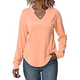 Totatuit Sweatshirts for Women V Neck Long Sleeve Shirts Loose Lightweight Curved Hem Casual Pullover Tops 2025 Fall Coral X-Large