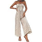 WDIRARA Women's Boho Print Strapless Jumpsuit Knot Front Wide Leg Pants Romper