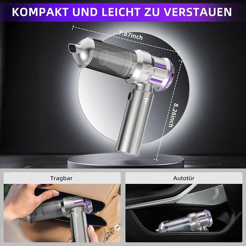 Handstaubsauger, 25000Pa Handstaubsauger Akku Kabellos mit 1-Knopf-Selbstentleerung, 4-in-1 Autostaubsauger Stark mit Bürstenlosem Motor, 3 Stufen Mini Staubsauger, Ideal für Tierhaare, Auto, Haushalt — Foto 7 von 7