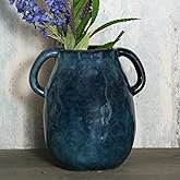 Tanvecle Blue Ceramic Vase with 2 Handles, Modern Farmhouse Decor, Rustic Terracotta Pottery, Decorative Flower Vases, Clay Small Vase, Centerpiece for Dining Table - 7 Inch Tall