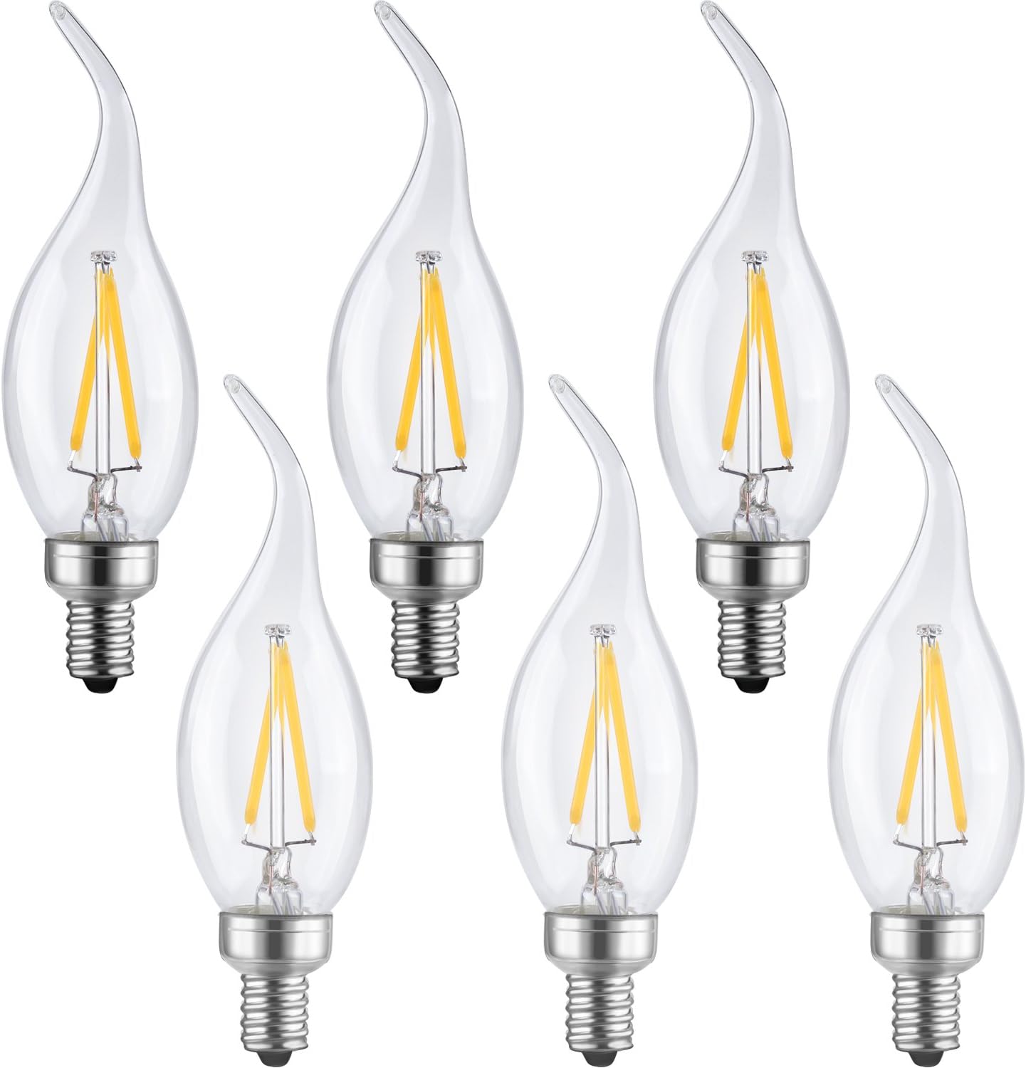 LETO CA11 Candelabra LED Bulbs 2W,UL Listed-20W Light Bulbs Equivalent,LED Warm White 2700K decorative light bulbs,6-Pack