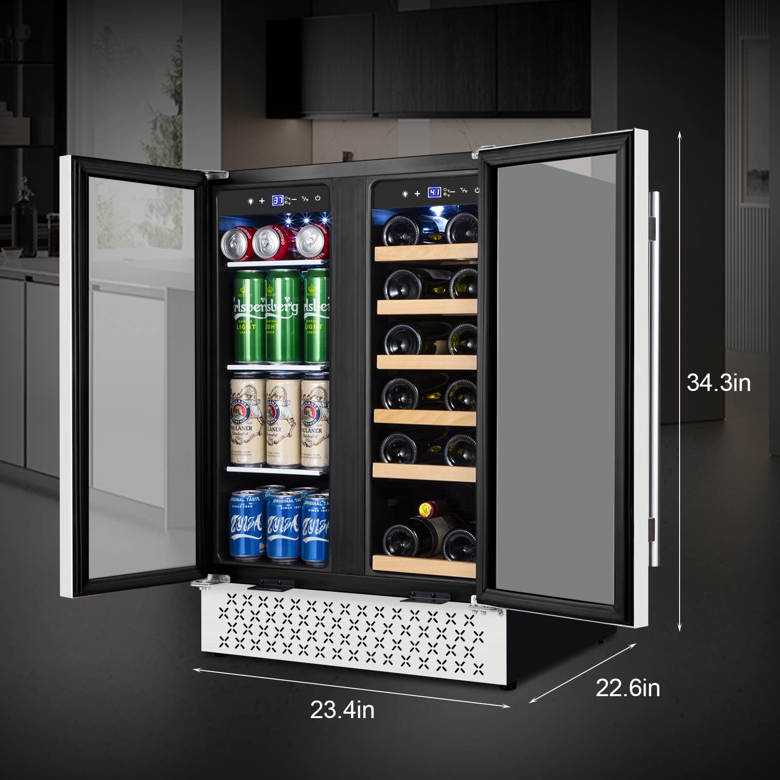 Tylza Wine and Beverage Refrigerator 24 Inch Dual Zone, French Door Wine and Beverage Cooler 24'' Built-In or Freestanding Drink Fridge, Under Counter Beer Refrigerator