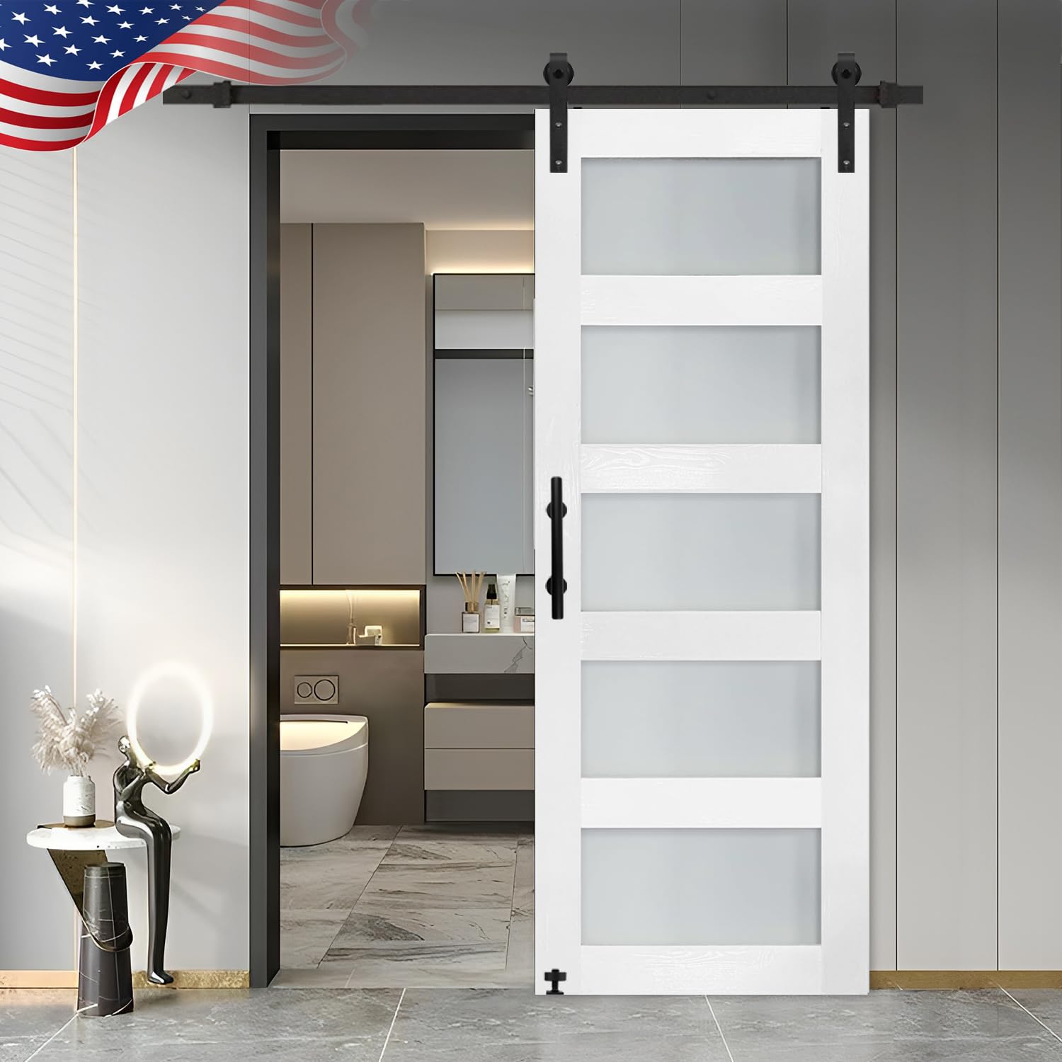 Photo 1 of S&Z TOPHAND® 30 in x 84 in Glass Sliding MDF Barn Door with 5FT Sliding Door Hardware Kit, 5 Tempered Frosted Glass, Slab Inside Covered with Water-Proof PVC Surface, Simple DIY Assembly